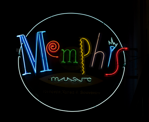 Colorful neon sign that says Memphis Music
