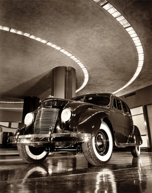 The 1937 Chrysler Airflow four-door sedan on display in the showroom of the Chrysler Building, New York City, N.Y