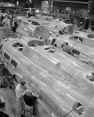 Fuselage sections of the B-17F (Flying Fortress) are shown in production at the Boeing plant in Seattle Washington. 
